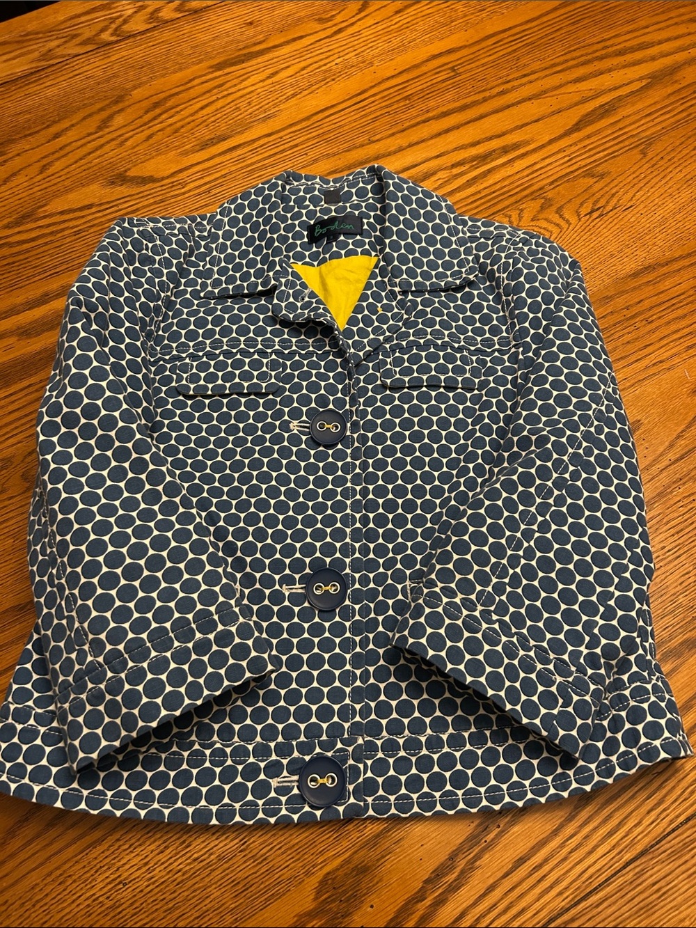 Boden Navy and White Polka Dot Lightweight Jacket with Yellow Lining